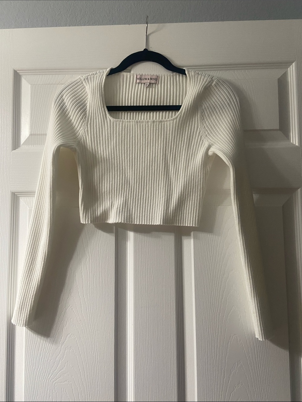 Square Neck Ribbed Long Sleeve Crop Top - White